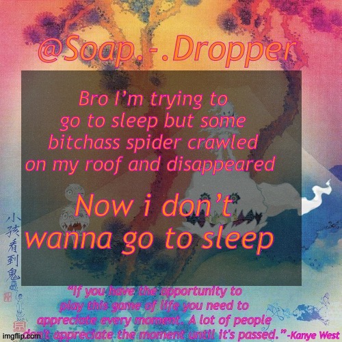 Fuck then spiders bro | Bro I’m trying to go to sleep but some bitchass spider crawled on my roof and disappeared; Now i don’t wanna go to sleep | image tagged in soap - dropper s ksg temp | made w/ Imgflip meme maker