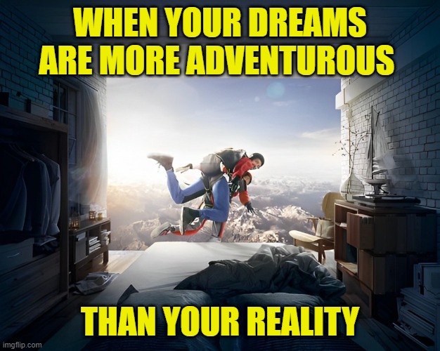 dreams | WHEN YOUR DREAMS ARE MORE ADVENTUROUS; THAN YOUR REALITY | image tagged in memes | made w/ Imgflip meme maker