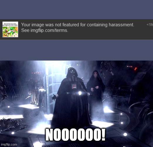 Why harrasment? | NOOOOOO! | image tagged in darth vader no | made w/ Imgflip meme maker