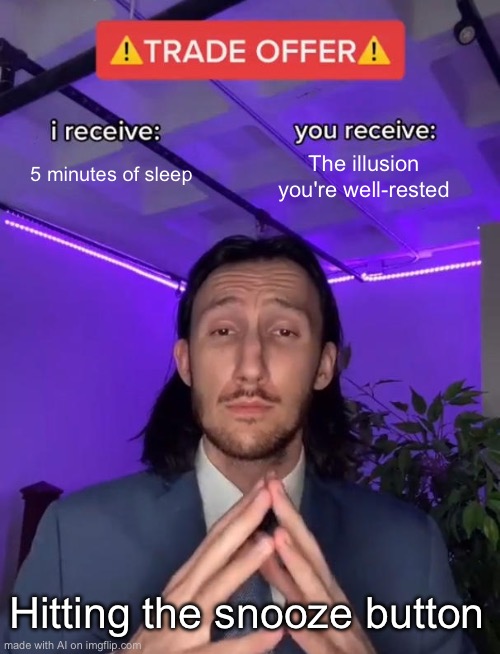 Hmmm | 5 minutes of sleep; The illusion you're well-rested; Hitting the snooze button | image tagged in trade offer | made w/ Imgflip meme maker