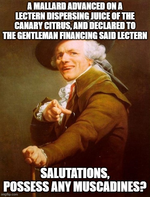 Joseph Ducreux | A MALLARD ADVANCED ON A LECTERN DISPERSING JUICE OF THE CANARY CITRUS, AND DECLARED TO THE GENTLEMAN FINANCING SAID LECTERN; SALUTATIONS, POSSESS ANY MUSCADINES? | image tagged in memes,joseph ducreux | made w/ Imgflip meme maker