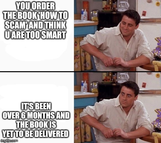 Scam book | YOU ORDER THE BOOK 'HOW TO SCAM' AND THINK U ARE TOO SMART; IT'S BEEN OVER 6 MONTHS AND THE BOOK IS YET TO BE DELIVERED | image tagged in comprehending joey,memes,funny,scam,internet scam,lol | made w/ Imgflip meme maker