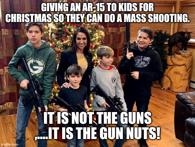It is the gun nuts | GIVING AN AR-15 TO KIDS FOR CHRISTMAS SO THEY CAN DO A MASS SHOOTING. IT IS NOT THE GUNS ,....IT IS THE GUN NUTS! | image tagged in gun control,mass shooting,maga,conservative,nevertrump,republican | made w/ Imgflip meme maker