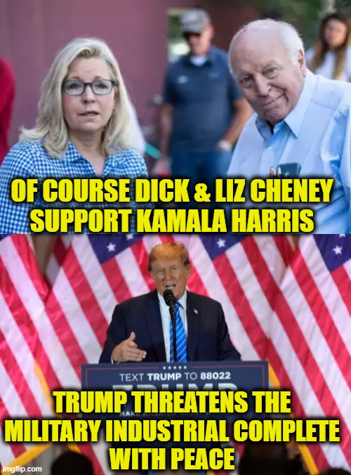 Trump threatens their bottom line with peace | OF COURSE DICK & LIZ CHENEY
SUPPORT KAMALA HARRIS; TRUMP THREATENS THE
MILITARY INDUSTRIAL COMPLETE
WITH PEACE | image tagged in donald trump | made w/ Imgflip meme maker