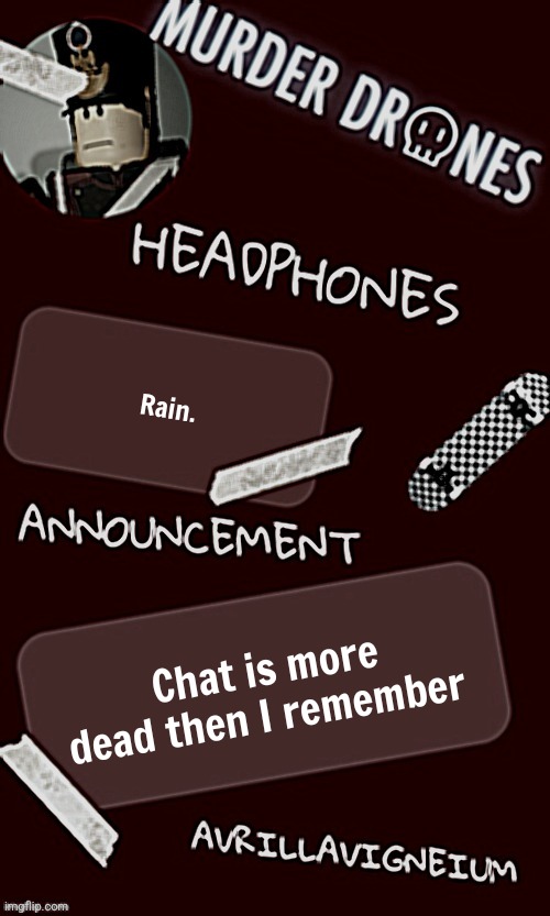 Epic rock AvrilLavigneium announcement temp rahh | Rain. Chat is more dead then I remember | image tagged in epic rock avrillavigneium announcement temp rahh | made w/ Imgflip meme maker