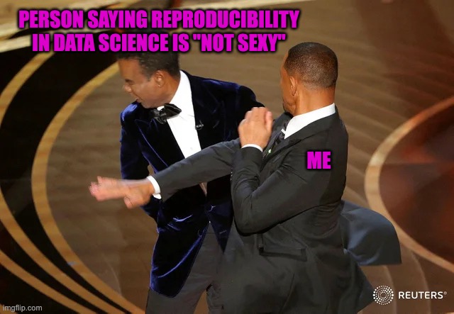 Reproducibility in Data Science | PERSON SAYING REPRODUCIBILITY IN DATA SCIENCE IS "NOT SEXY"; ME | image tagged in will smith punching chris rock | made w/ Imgflip meme maker