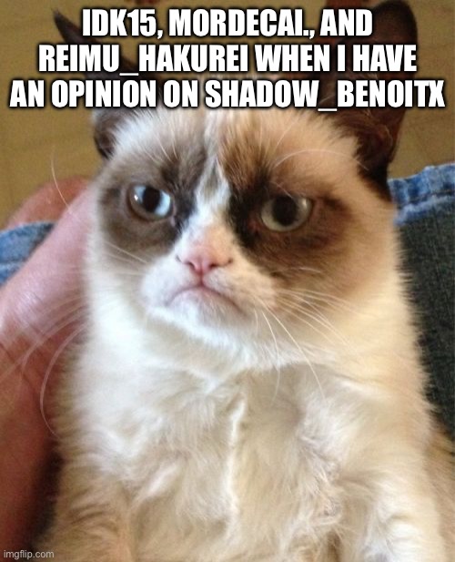 Grumpy Cat | IDK15, MORDECAI., AND REIMU_HAKUREI WHEN I HAVE AN OPINION ON SHADOW_BENOITX | image tagged in memes,grumpy cat | made w/ Imgflip meme maker