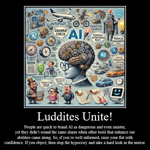 AI is our friend | Luddites Unite! | People are quick to brand AI as dangerous and even sinister, yet they didn’t sound the same alarm when other tools that en | image tagged in funny,demotivationals | made w/ Imgflip demotivational maker