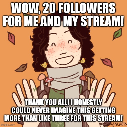 WOW, 20 FOLLOWERS FOR ME AND MY STREAM! THANK YOU ALL! I HONESTLY COULD NEVER IMAGINE THIS GETTING MORE THAN LIKE THREE FOR THIS STREAM! | made w/ Imgflip meme maker