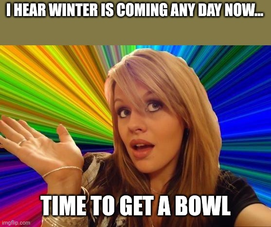 Dumb Blonde | I HEAR WINTER IS COMING ANY DAY NOW... TIME TO GET A BOWL | image tagged in memes,dumb blonde | made w/ Imgflip meme maker