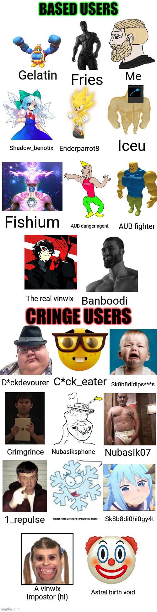 Based users vs cringe users (Reimu's style V2) | Gelatin; Me; Fries; Iceu; Shadow_benotix; Enderparrot8; Fishium; AUB fighter; AUB danger agent; The real vinwix; Banboodi; C*ck_eater; D*ckdevourer; Sk8b8didips***s; Grimgrince; Nubasiksphone; Nubasik07; Setdef_fanatic/stedel_foolman/metal_slugger; Sk8b8di0hi0gy4t; 1_repulse; A vinwix impostor (hi); Astral birth void | image tagged in based users vs cringe users reimu's style v2 | made w/ Imgflip meme maker