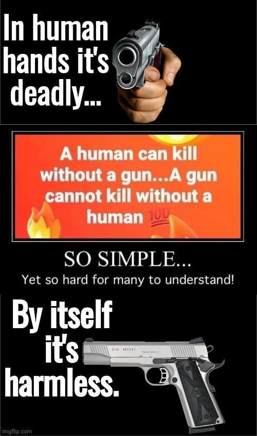 Guns are deadly in human hands but harmless when untouched | In human hands it's deadly... By itself it's harmless. | image tagged in all black,guns,dangerous | made w/ Imgflip meme maker