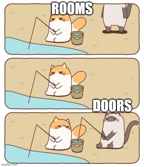 Fish-stealing cat | ROOMS; DOORS | image tagged in fish-stealing cat | made w/ Imgflip meme maker