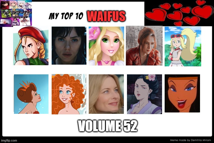 top 10 waifus volume 52 | WAIFUS; VOLUME 52 | image tagged in the 10 waifus,super bowl 52,waifu,comics/cartoons,live action,videogames | made w/ Imgflip meme maker