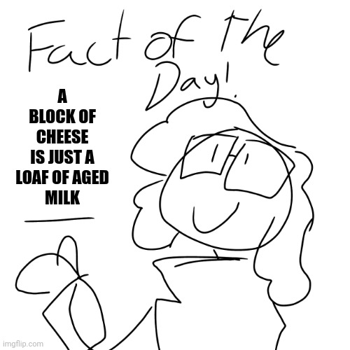 Fact of the day! | A BLOCK OF CHEESE
IS JUST A LOAF OF AGED
MILK | image tagged in fact of the day | made w/ Imgflip meme maker