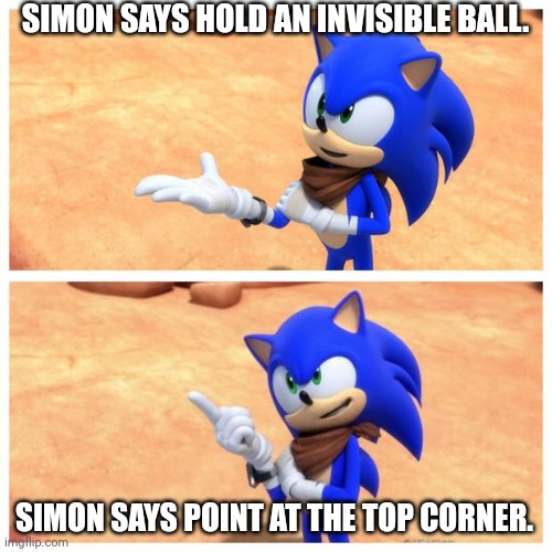 Simon Says 3 | SIMON SAYS HOLD AN INVISIBLE BALL. SIMON SAYS POINT AT THE TOP CORNER. | image tagged in sonic boom,anti-meme,simon says | made w/ Imgflip meme maker