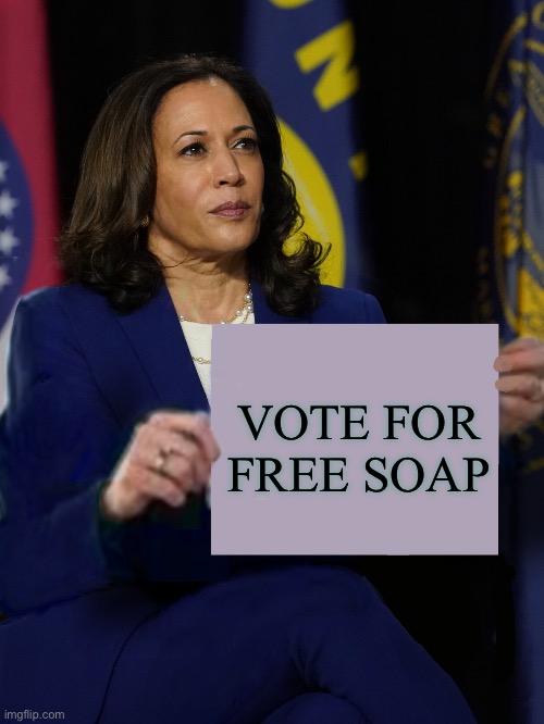 Kamala Harris Holding Sign | VOTE FOR
FREE SOAP | image tagged in kamala harris holding sign | made w/ Imgflip meme maker