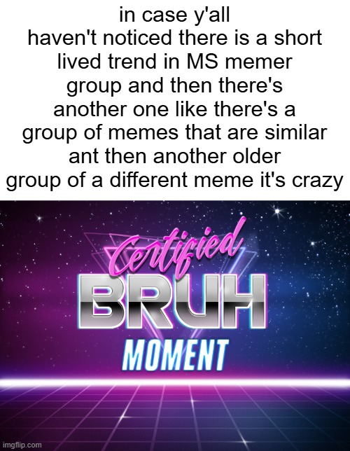 bruh | in case y'all haven't noticed there is a short lived trend in MS memer group and then there's another one like there's a group of memes that are similar ant then another older group of a different meme it's crazy | image tagged in certified bruh moment,yes,crazy | made w/ Imgflip meme maker