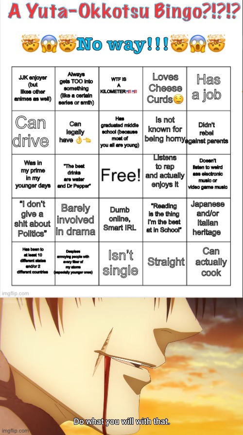 image tagged in a yuta-okkotsu bingo | made w/ Imgflip meme maker