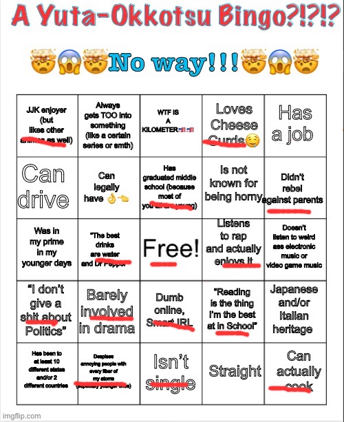 A Yuta-Okkotsu Bingo | image tagged in a yuta-okkotsu bingo | made w/ Imgflip meme maker