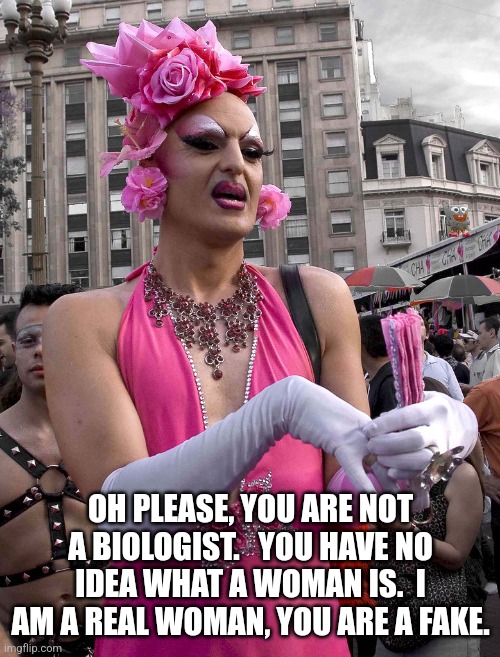 tranny | OH PLEASE, YOU ARE NOT A BIOLOGIST.   YOU HAVE NO IDEA WHAT A WOMAN IS.  I AM A REAL WOMAN, YOU ARE A FAKE. | image tagged in tranny | made w/ Imgflip meme maker