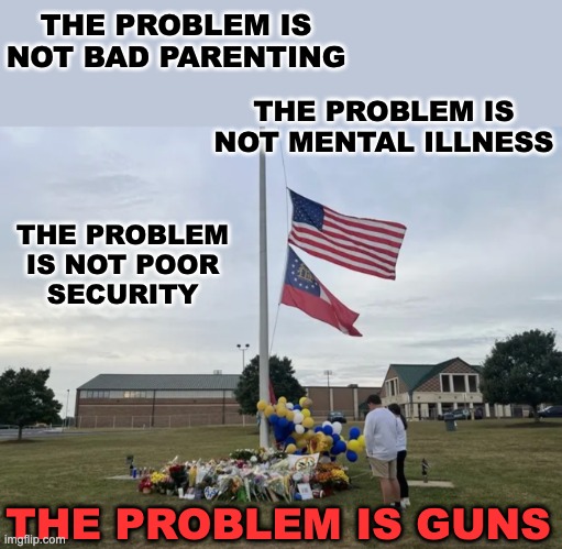 Thoughts and prayers are a start, not an end | THE PROBLEM IS NOT BAD PARENTING; THE PROBLEM IS NOT MENTAL ILLNESS; THE PROBLEM
IS NOT POOR
SECURITY; THE PROBLEM IS GUNS | image tagged in guns,gun control,mental health,safety,children | made w/ Imgflip meme maker