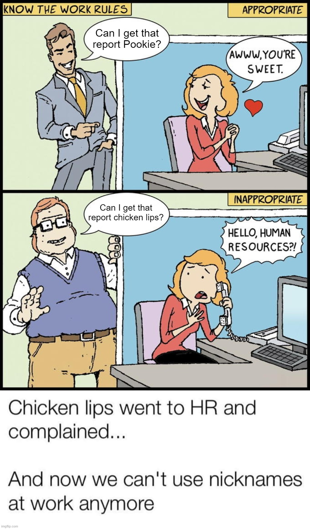 Going to HR, again | Can I get that report Pookie? Can I get that report chicken lips? | image tagged in hello human resources | made w/ Imgflip meme maker