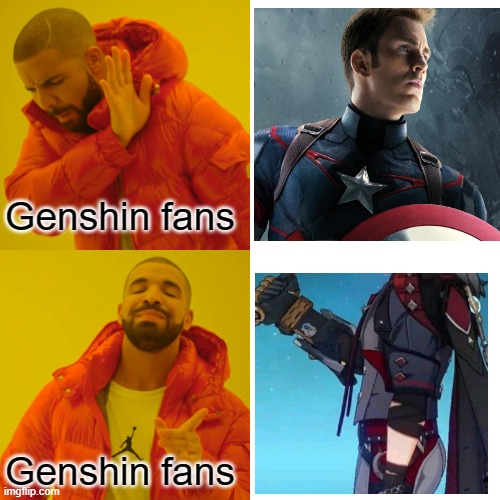 Drake Hotline Bling | Genshin fans; Genshin fans | image tagged in memes,drake hotline bling,genshin impact,captain america,funny,ass | made w/ Imgflip meme maker