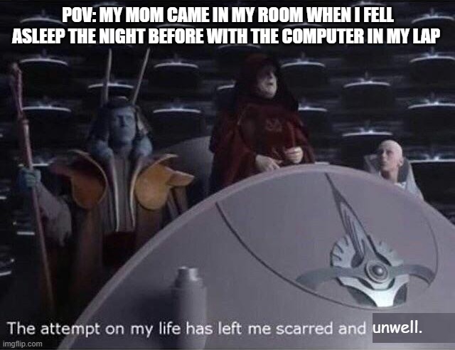 I said that I probably was sleepwalking.... (I wasn't.... and if she found out what I was doing she'd kill me) | POV: MY MOM CAME IN MY ROOM WHEN I FELL ASLEEP THE NIGHT BEFORE WITH THE COMPUTER IN MY LAP; unwell. | image tagged in palpatine the attempt on my life,mom,nightmare,life lessons | made w/ Imgflip meme maker