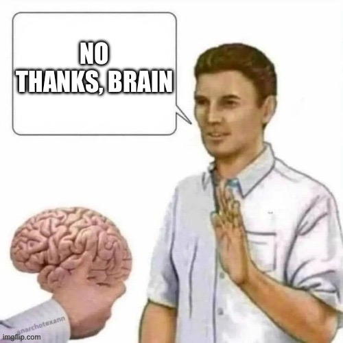 No thanks brain | NO THANKS, BRAIN | image tagged in no thanks brain | made w/ Imgflip meme maker