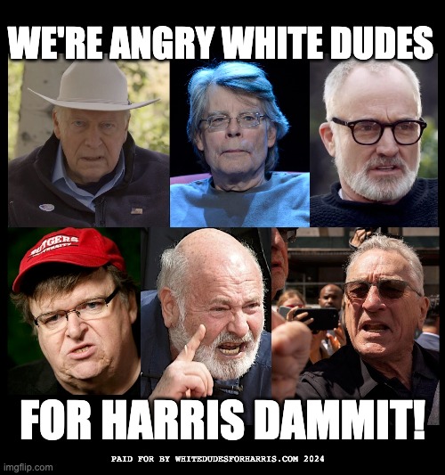 Angry white dudes for Harris | WE'RE ANGRY WHITE DUDES; FOR HARRIS DAMMIT! PAID FOR BY WHITEDUDESFORHARRIS.COM 2024 | image tagged in white men,harris,kamala,dick cheney,robert deniro,angry | made w/ Imgflip meme maker