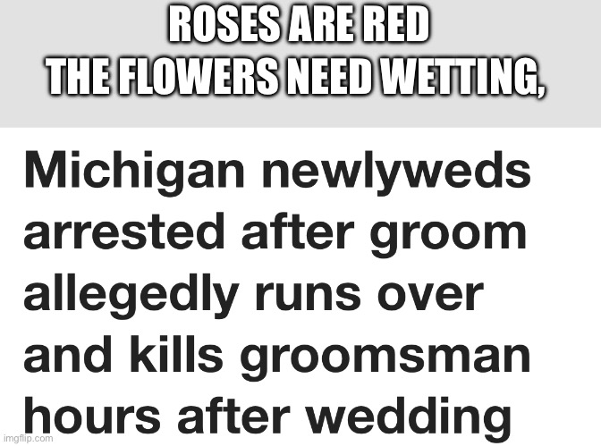 Forget only in Ohio, now, it’s only in Michigan! | ROSES ARE RED; THE FLOWERS NEED WETTING, | image tagged in michigan,roses are red,roses are red violets are are blue,arrested,memes,only in michigan | made w/ Imgflip meme maker