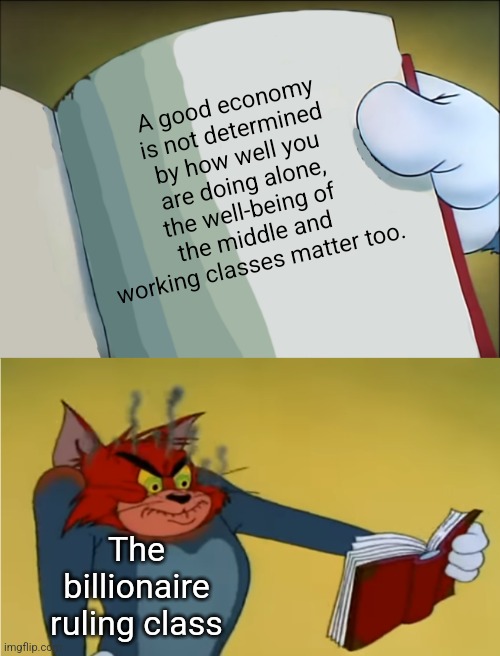 A good economy is not determined by the success of billionaires alone but the billionaires bitterly refuse to admit it | A good economy is not determined by how well you are doing alone, the well-being of the middle and working classes matter too. The billionaire ruling class | image tagged in angry tom reading book,economics,billionaires,elitist,elite | made w/ Imgflip meme maker