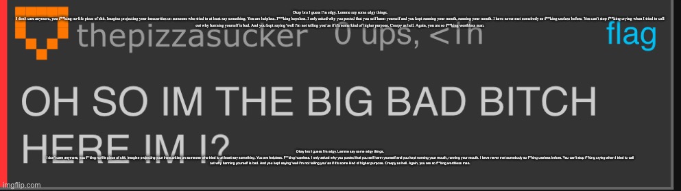 Okay bro I guess I'm edgy. Lemme say some edgy things.  I don't care anymore, you f**king no-life piece of shit. Imagine project | Okay bro I guess I'm edgy. Lemme say some edgy things.

I don't care anymore, you f**king no-life piece of shit. Imagine projecting your insecurities on someone who tried to at least say something. You are helpless. F**king hopeless. I only asked why you posted that you self harm yourself and you kept running your mouth, running your mouth. I have never met somebody so f**king useless before. You can't stop f**king crying when I tried to call out why harming yourself is bad. And you kept saying 'well I'm not telling you' as if it's some kind of higher purpose. Creepy as hell. Again, you are so f**king worthless man. Okay bro I guess I'm edgy. Lemme say some edgy things.

I don't care anymore, you f**king no-life piece of shit. Imagine projecting your insecurities on someone who tried to at least say something. You are helpless. F**king hopeless. I only asked why you posted that you self harm yourself and you kept running your mouth, running your mouth. I have never met somebody so f**king useless before. You can't stop f**king crying when I tried to call out why harming yourself is bad. And you kept saying 'well I'm not telling you' as if it's some kind of higher purpose. Creepy as hell. Again, you are so f**king worthless man. | image tagged in oh so i m the big bad bitch | made w/ Imgflip meme maker