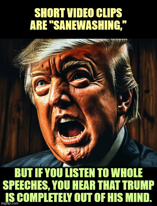 SHORT VIDEO CLIPS ARE "SANEWASHING,"; BUT IF YOU LISTEN TO WHOLE SPEECHES, YOU HEAR THAT TRUMP IS COMPLETELY OUT OF HIS MIND. | image tagged in trump,insane,crazy,senile,alzheimers,old | made w/ Imgflip meme maker