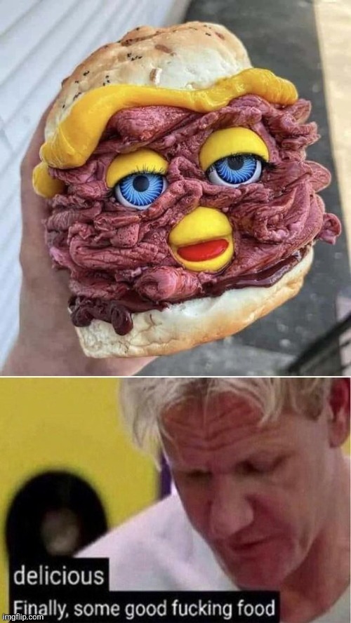 Furry with cheddar anyone? | image tagged in furby,meat,cheese,samitch,delicious | made w/ Imgflip meme maker