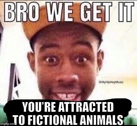 Bro we get it (blank) | YOU’RE ATTRACTED TO FICTIONAL ANIMALS | image tagged in bro we get it blank | made w/ Imgflip meme maker