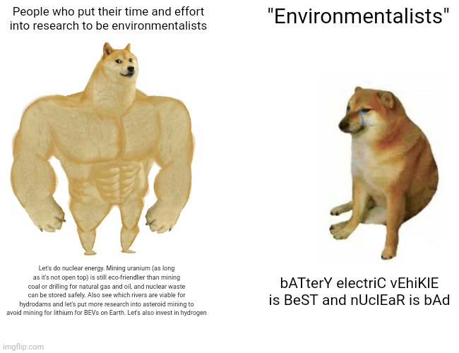 Buff Doge vs. Cheems | People who put their time and effort into research to be environmentalists; "Environmentalists"; Let's do nuclear energy. Mining uranium (as long as it's not open top) is still eco-friendlier than mining coal or drilling for natural gas and oil, and nuclear waste can be stored safely. Also see which rivers are viable for hydrodams and let's put more research into asteroid mining to avoid mining for lithium for BEVs on Earth. Let's also invest in hydrogen; bATterY electriC vEhiKlE is BeST and nUclEaR is bAd | image tagged in memes,buff doge vs cheems | made w/ Imgflip meme maker