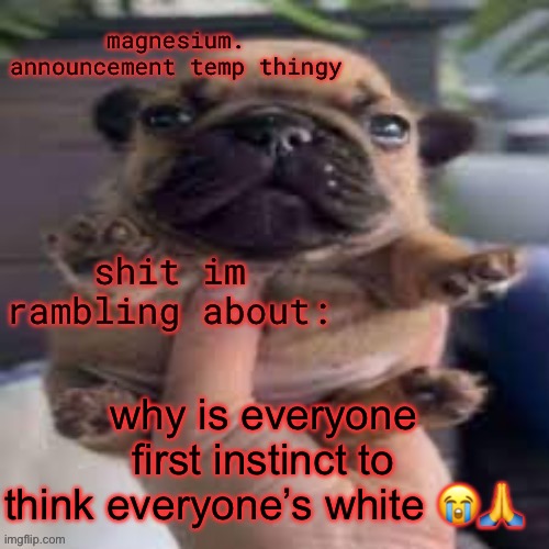 like what | why is everyone first instinct to think everyone’s white 😭🙏 | image tagged in pug temp | made w/ Imgflip meme maker