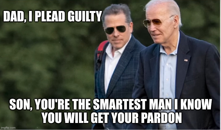 Pardon in the Bag | DAD, I PLEAD GUILTY; SON, YOU'RE THE SMARTEST MAN I KNOW
 YOU WILL GET YOUR PARDON | image tagged in hunter and joe | made w/ Imgflip meme maker