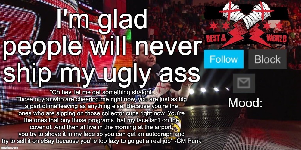 Cheez's CM Punk template | I'm glad people will never ship my ugly ass | image tagged in cheez's cm punk template | made w/ Imgflip meme maker