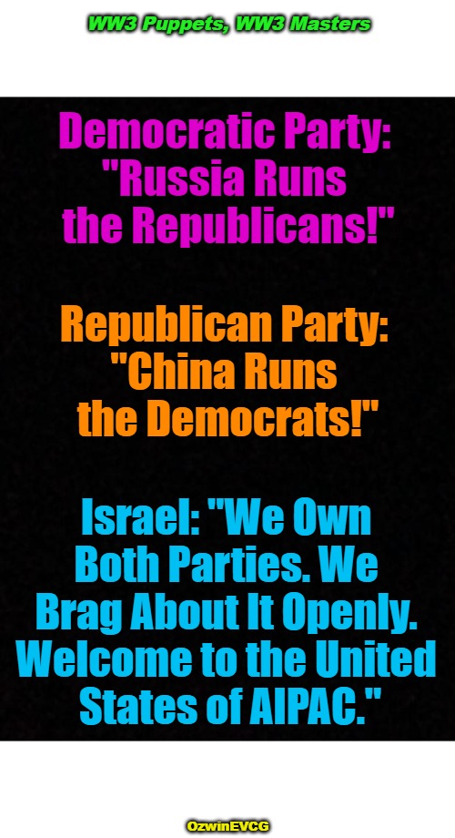 Don't Blame Me. Blame AIPAC's Twitter Timeline. That's Just for Seeker Starters Also. | WW3 Puppets, WW3 Masters; Democratic Party: 

"Russia Runs 

the Republicans!"; Republican Party: 

"China Runs 

the Democrats!"; Israel: "We Own 

Both Parties. We 

Brag About It Openly. 

Welcome to the United 

States of AIPAC."; OzwinEVCG | image tagged in clown world,occupied usa,israel,ww3,campaign finance reform,foreign subversion | made w/ Imgflip meme maker