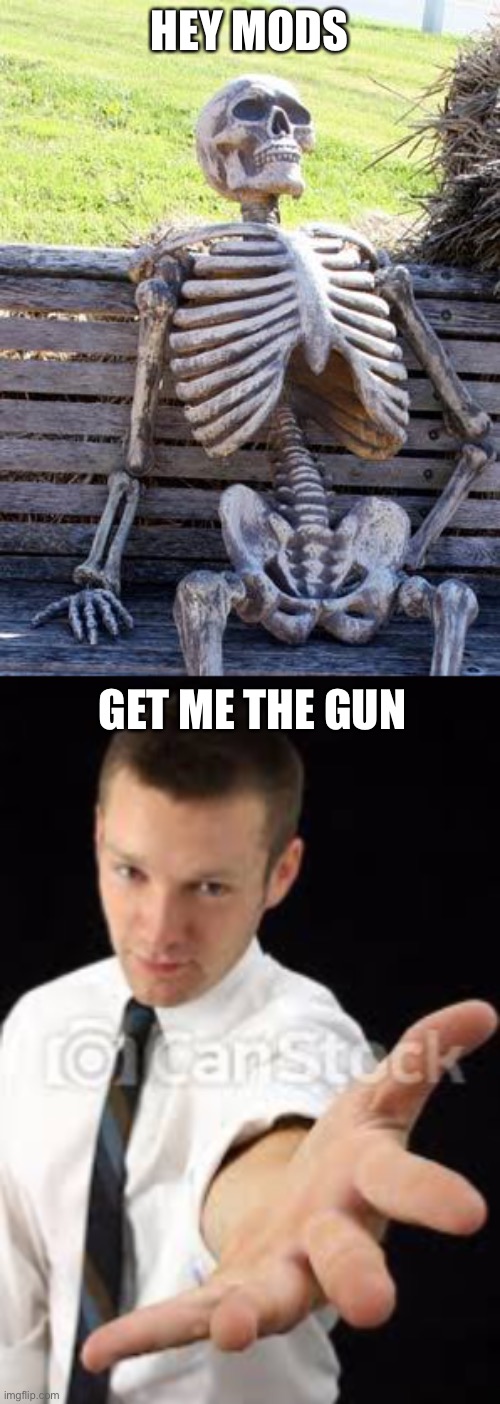 HEY MODS GET ME THE GUN | image tagged in memes,waiting skeleton,guy reaching out | made w/ Imgflip meme maker