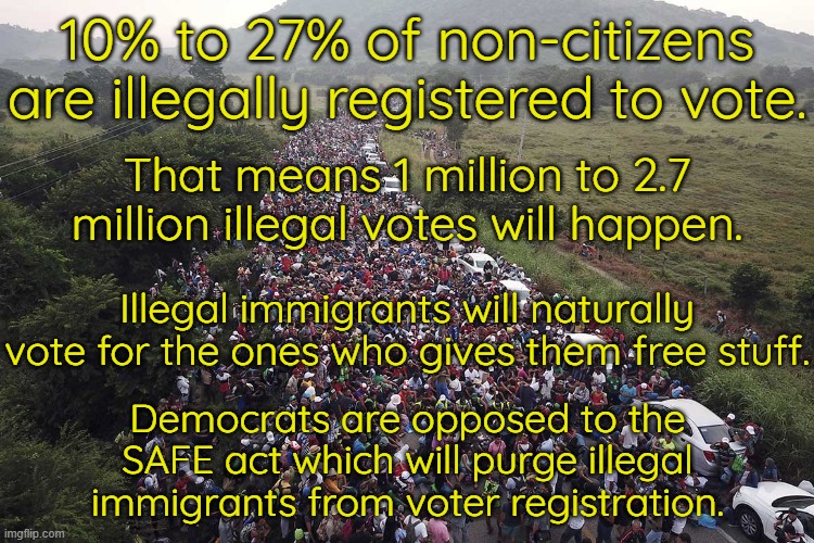 And if you say anything about this the left will call you a racist and tell you how you hate "brown people".  How absurd is that | 10% to 27% of non-citizens are illegally registered to vote. That means 1 million to 2.7 million illegal votes will happen. Illegal immigrants will naturally vote for the ones who gives them free stuff. Democrats are opposed to the SAFE act which will purge illegal immigrants from voter registration. | image tagged in 2024 another stolen election,harris is selected not elected,no one voted for harris | made w/ Imgflip meme maker