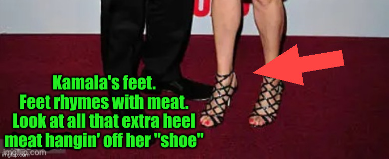 Paid To Wear THOSE Shoes | Kamala's feet.
Feet rhymes with meat.
Look at all that extra heel meat hangin' off her "shoe" | image tagged in politics,political meme,funny memes,funny | made w/ Imgflip meme maker