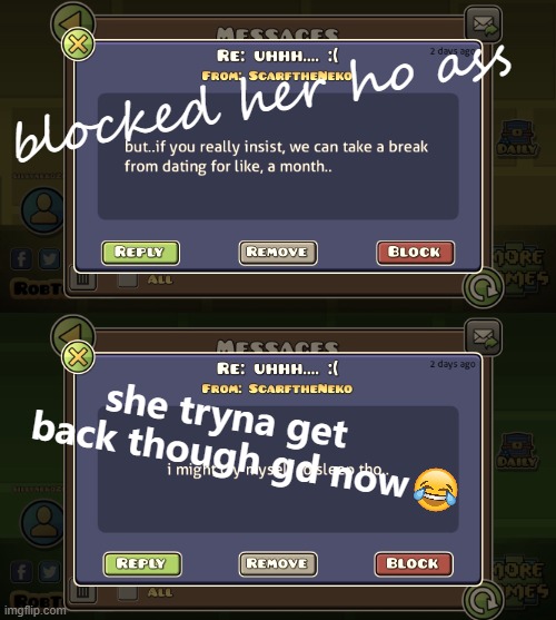 screenshot from nekos post | blocked her ho ass; she tryna get back though gd now | made w/ Imgflip meme maker