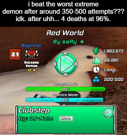 i beat the worst extreme demon after around 350-500 attempts??? idk. after uhh... 4 deaths at 96%. | image tagged in geometry dash,achievement | made w/ Imgflip meme maker