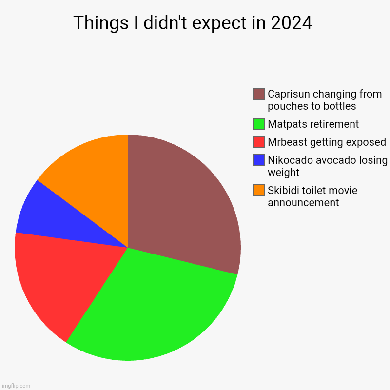 2024 is the craziest year so far | Things I didn't expect in 2024 | Skibidi toilet movie announcement, Nikocado avocado losing weight, Mrbeast getting exposed, Matpats retirem | image tagged in charts,pie charts,2024 | made w/ Imgflip chart maker