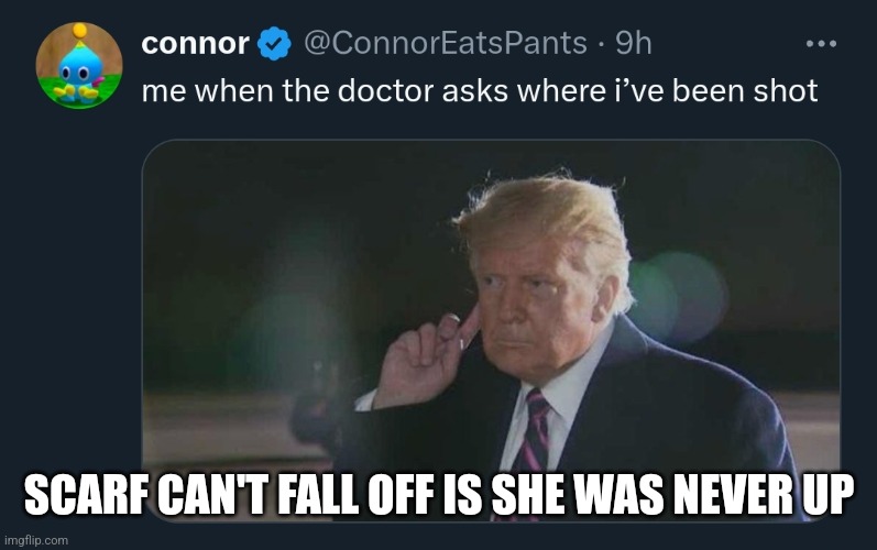 Trump | SCARF CAN'T FALL OFF IS SHE WAS NEVER UP | image tagged in trump | made w/ Imgflip meme maker