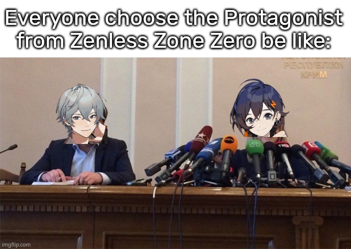 They mostly choose Belle (that girl), because Wise (that boy) looks so "NPC". | Everyone choose the Protagonist from Zenless Zone Zero be like: | image tagged in man and woman microphone,memes,zenless zone zero,protagonist | made w/ Imgflip meme maker